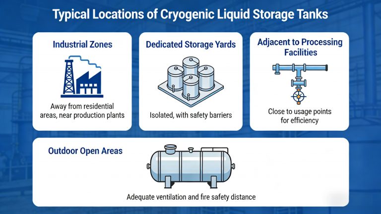 Where are the cryogenic liquid storage tanks usually located?
